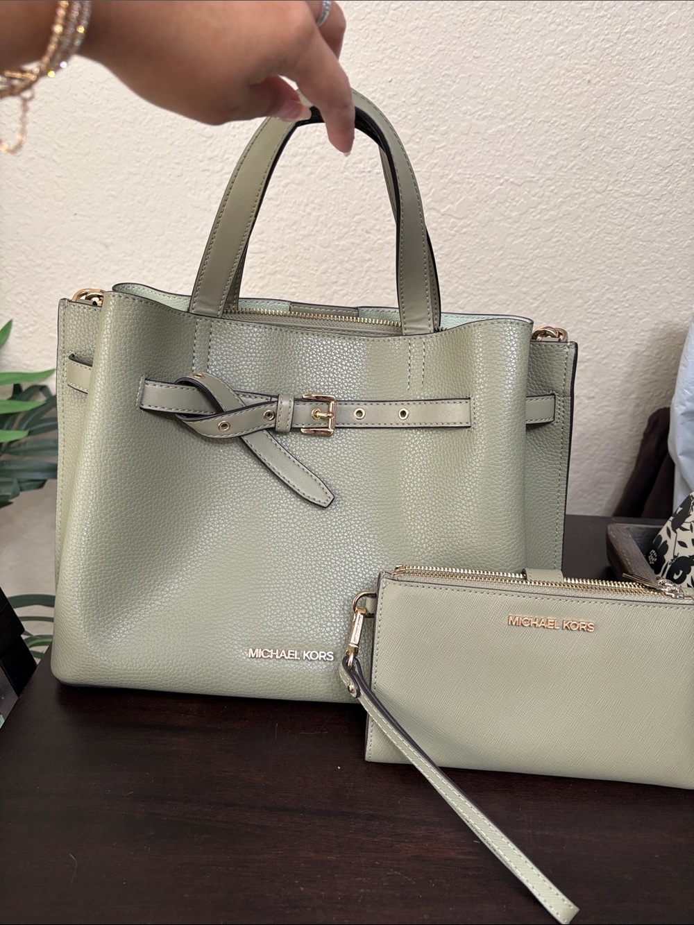 Michael Kors Sage Green Pebbled Leather Satchel with Wristlet Matching set